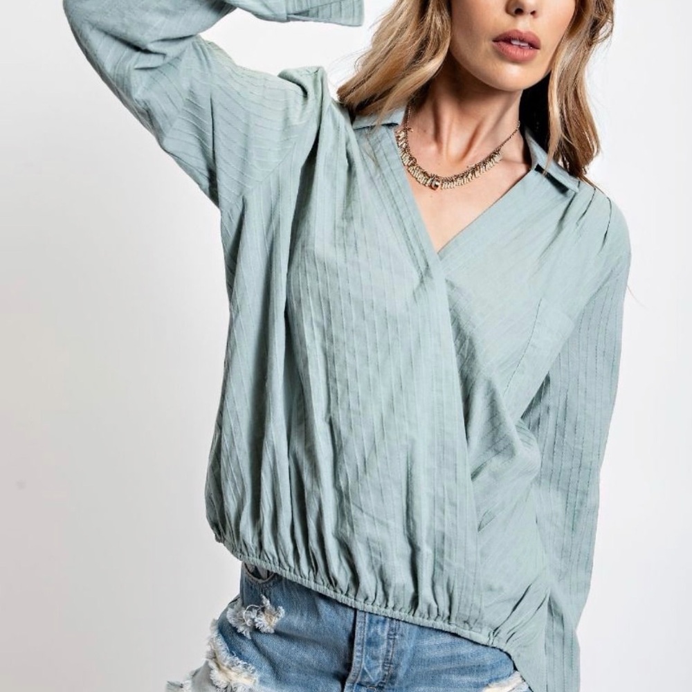 Easel Soft Aqua Wrap Blouse